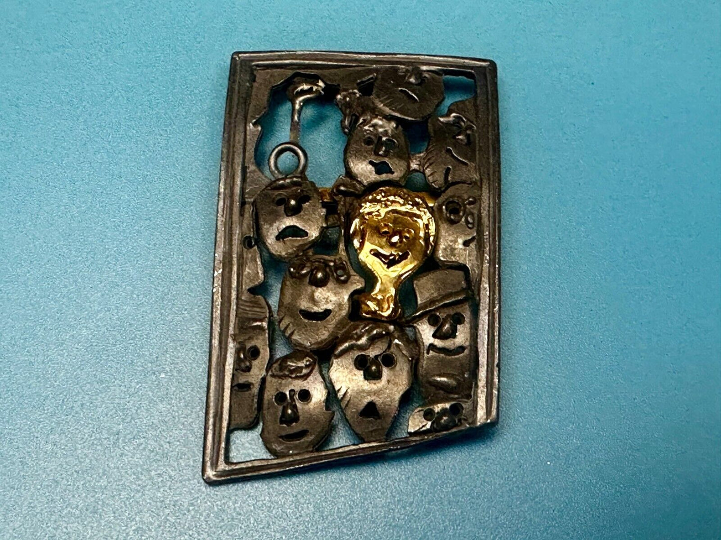 The Standout! Many Faces in Asymmetric Frame Vintage Pewter Brooch Pin by Ultra