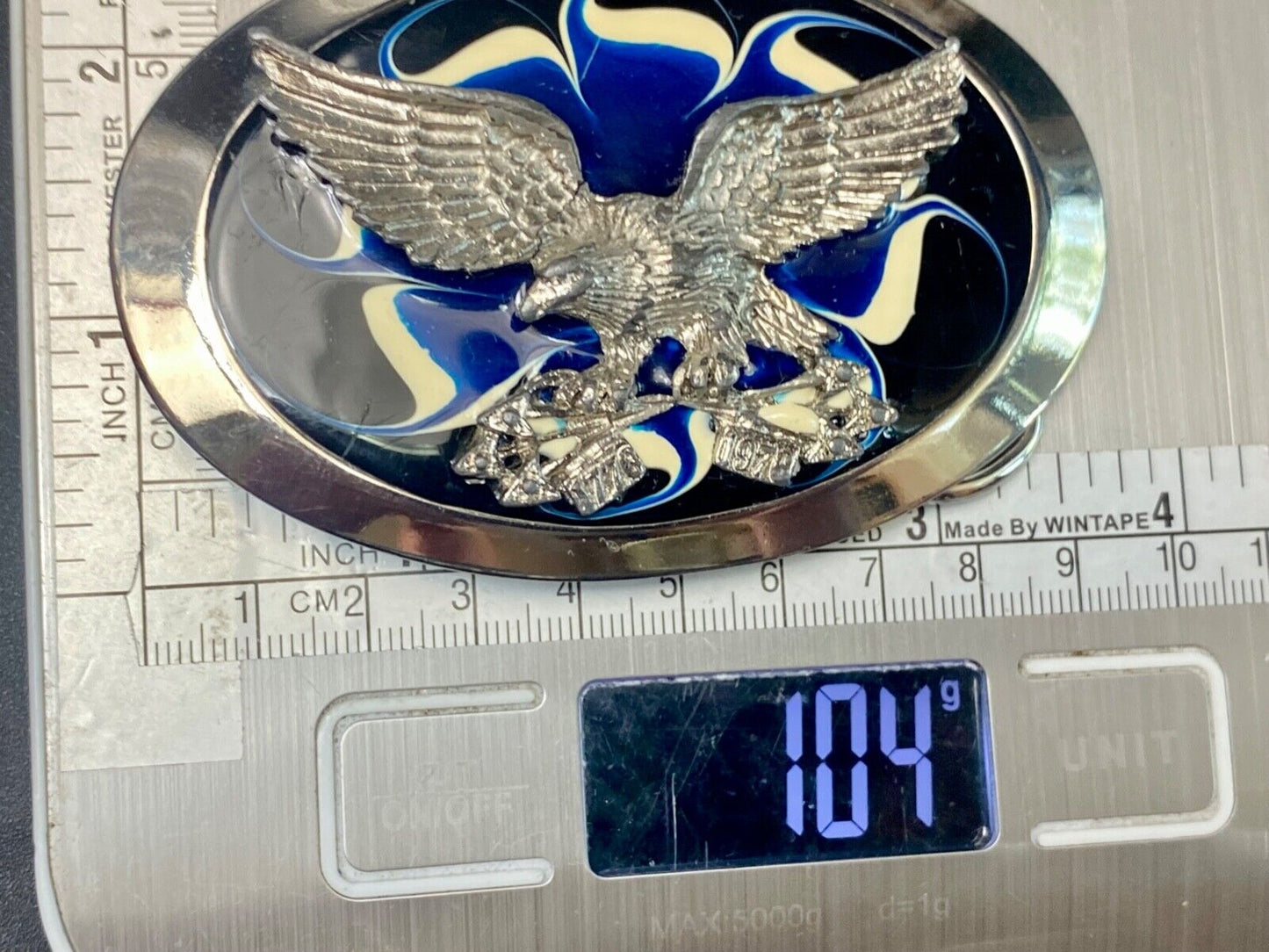 Vintage Eagle w/ arrows in claws western oval blue & cream enameled belt buckle