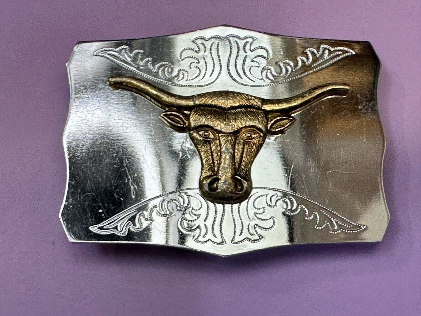 Two tone Raised Longhorn Cow Steer on Vintage Belt Buckle made in Japan
