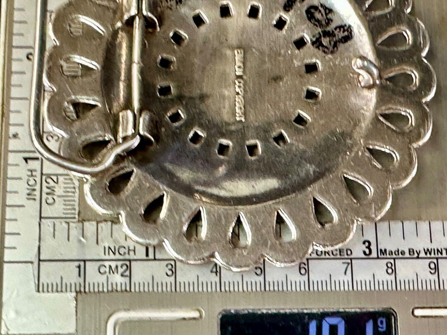 Vintage Flower shaped silver tone red rhinestone accented belt buckle