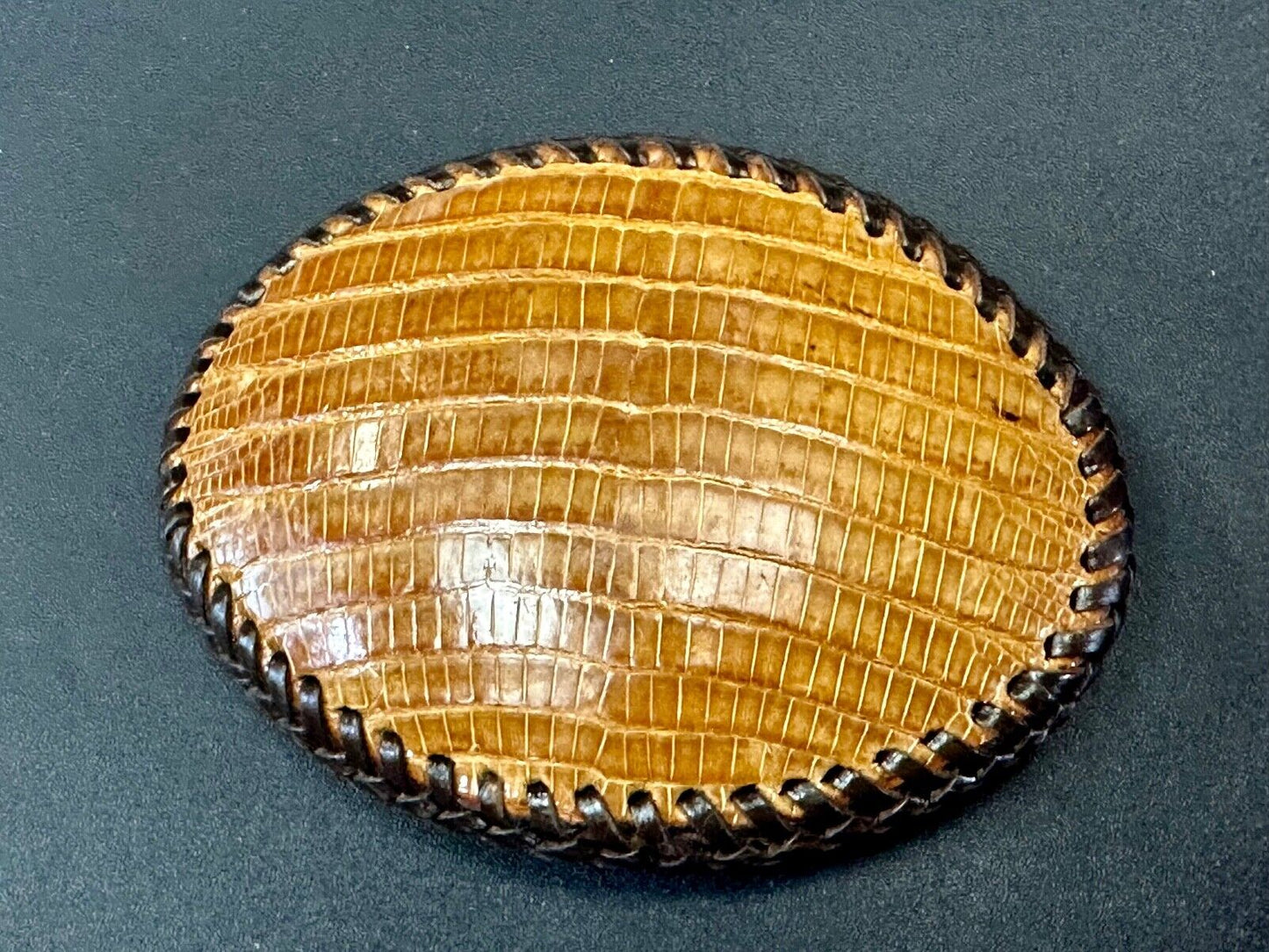 Beautiful lizard Skin brown leather vintage belt buckle with black stitching