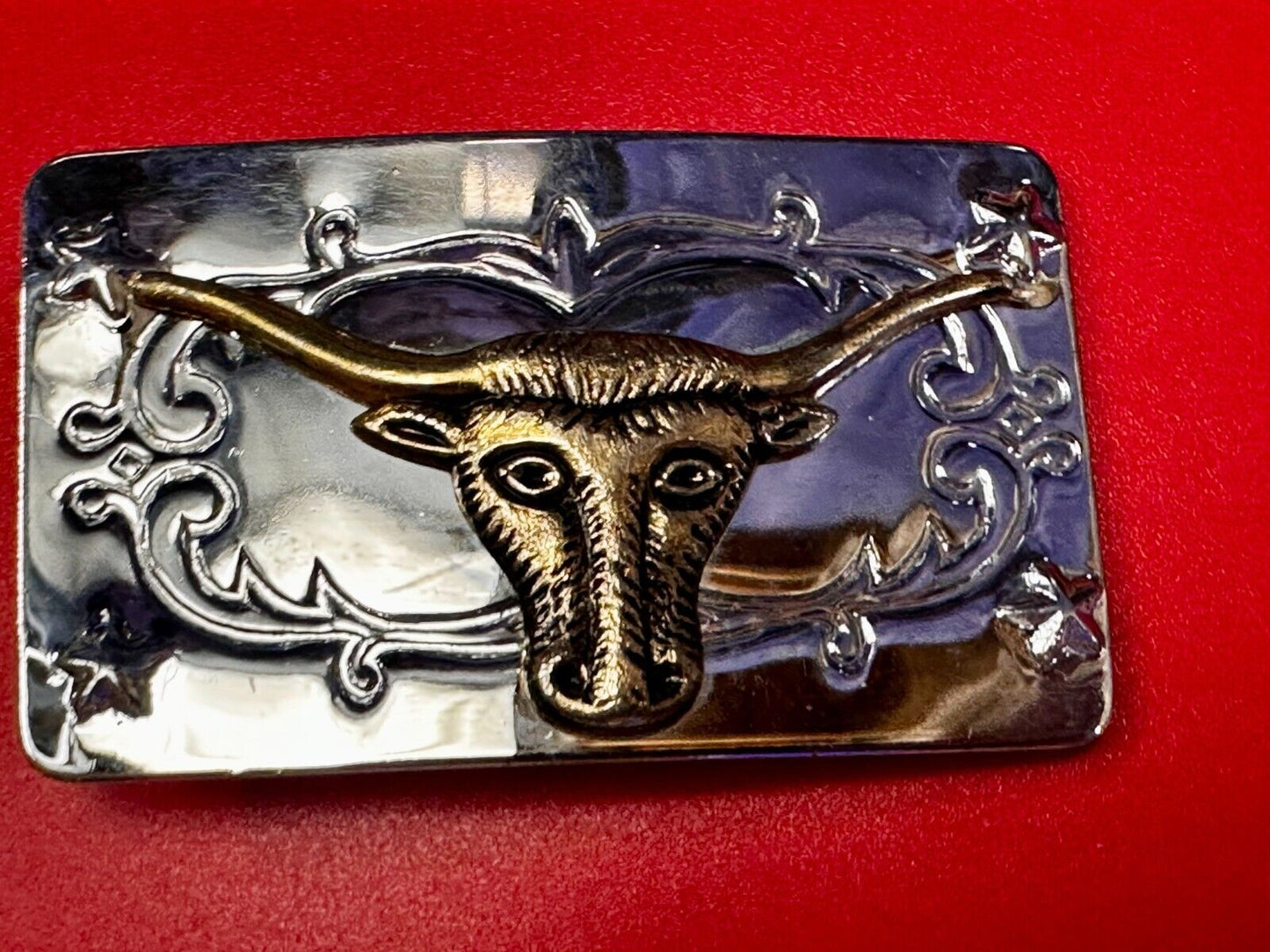 Texas Longhorn Steer Bull Rodeo Two Tone Ornate Western Small Vtg. Belt Buckle
