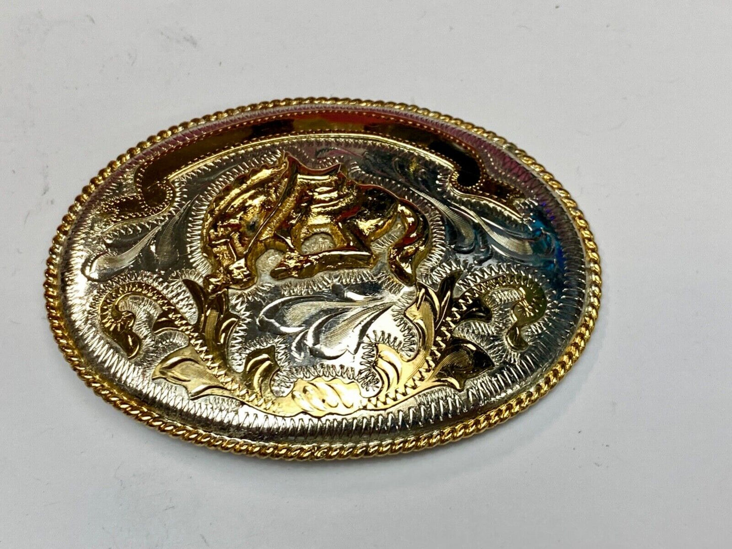 Vintage Horse w/ award ribbon scroll Alpaca Mexico Stamped western belt buckle
