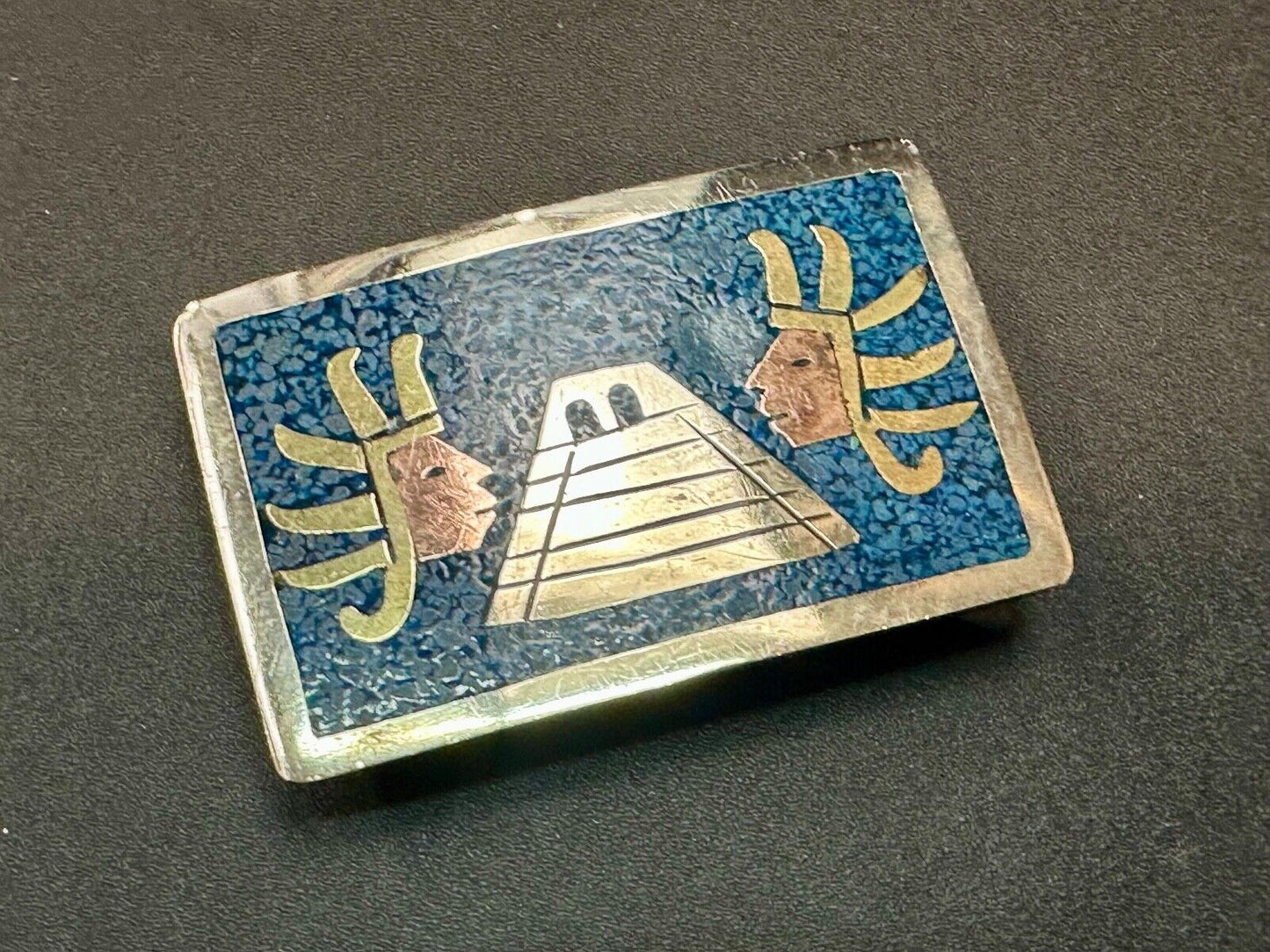 Aztec Mayan Temple Pyramid Figures Vintage Inlay belt buckle made in Mexico