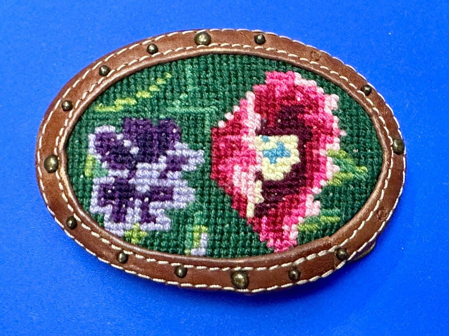 Beautiful Flowers Artisan cross-stitched on brown leather Vintage Belt Buckle