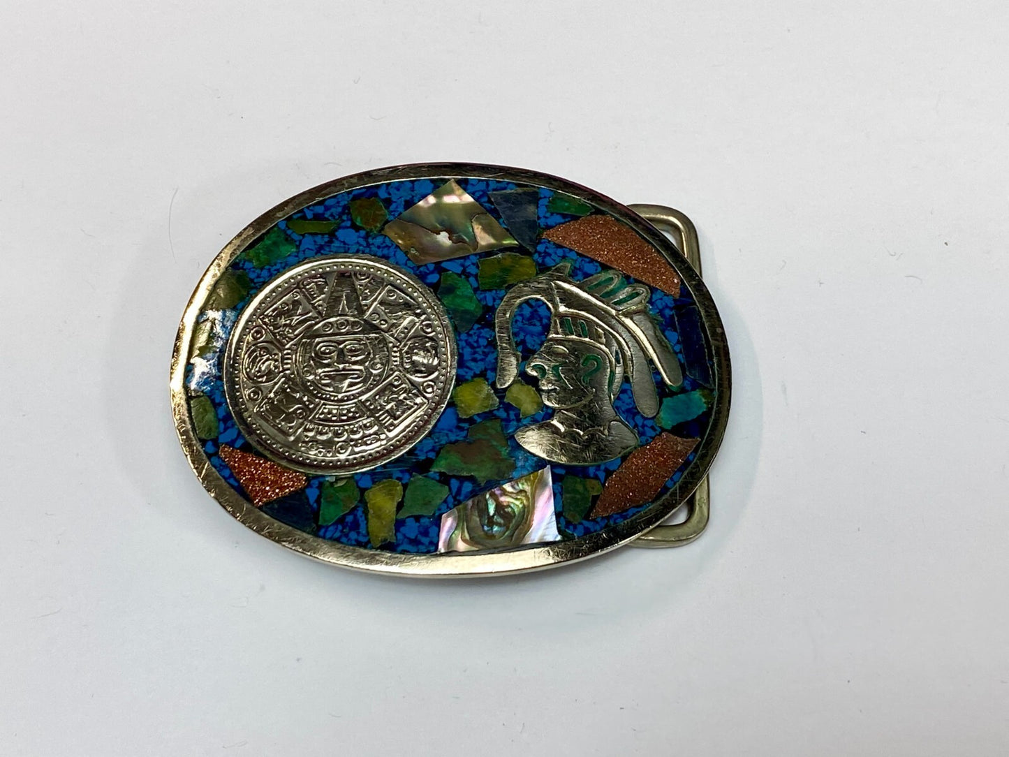 Aztec Mayan Calendar Coin Turquoise Inlay Mexico Sterling Silver Belt Buckle