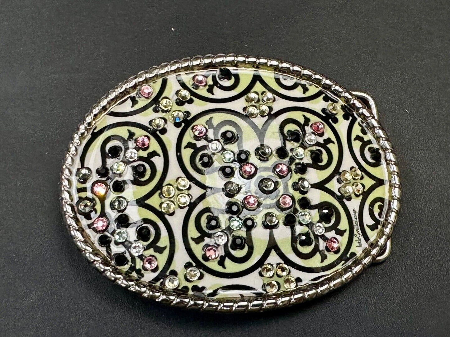 Artisan western oval girlie pink & green rhinestone accented belt buckle