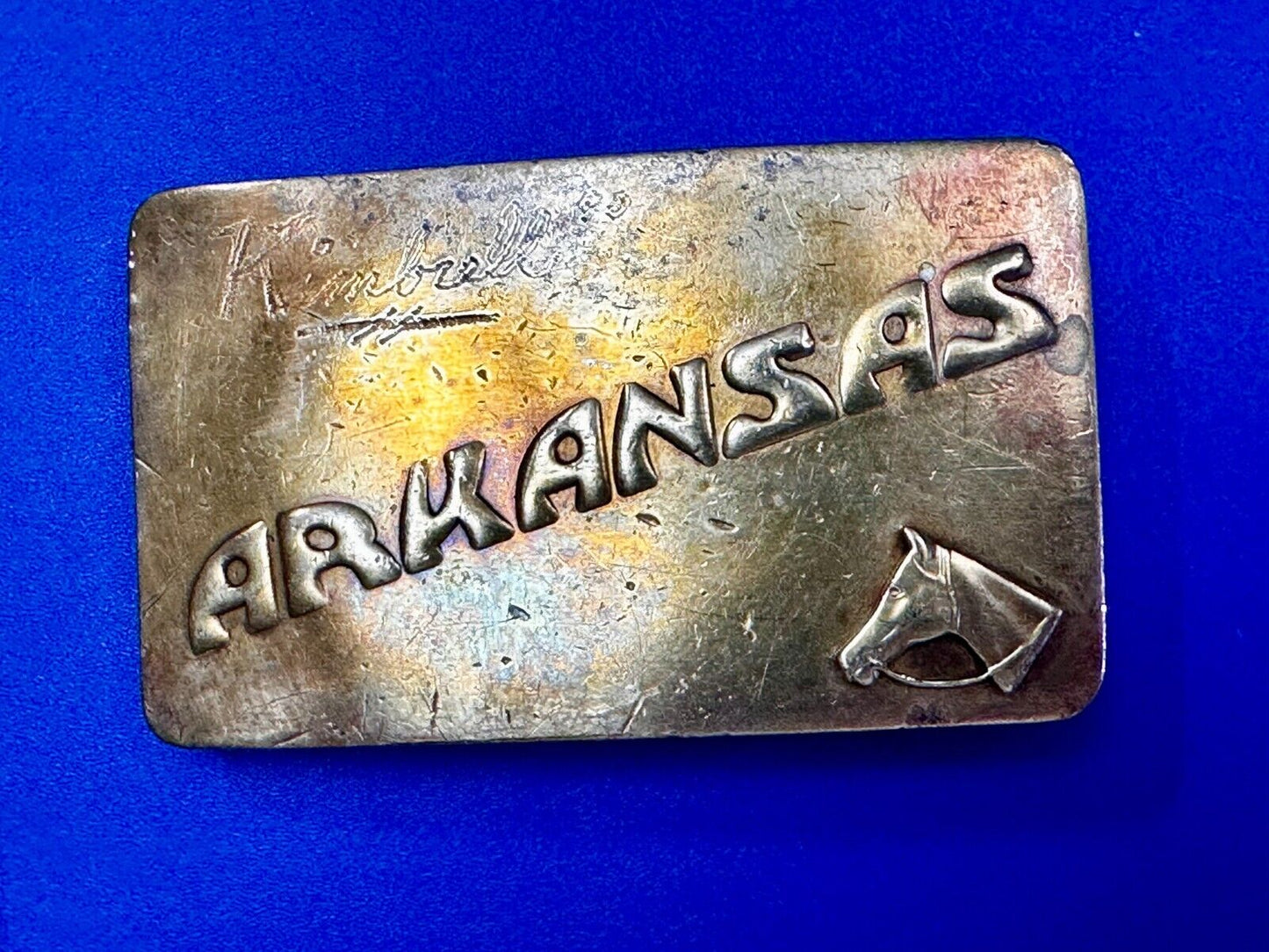 ARKANSAS State Horse Head BrassTone Commemorative Vintage Belt Buckle