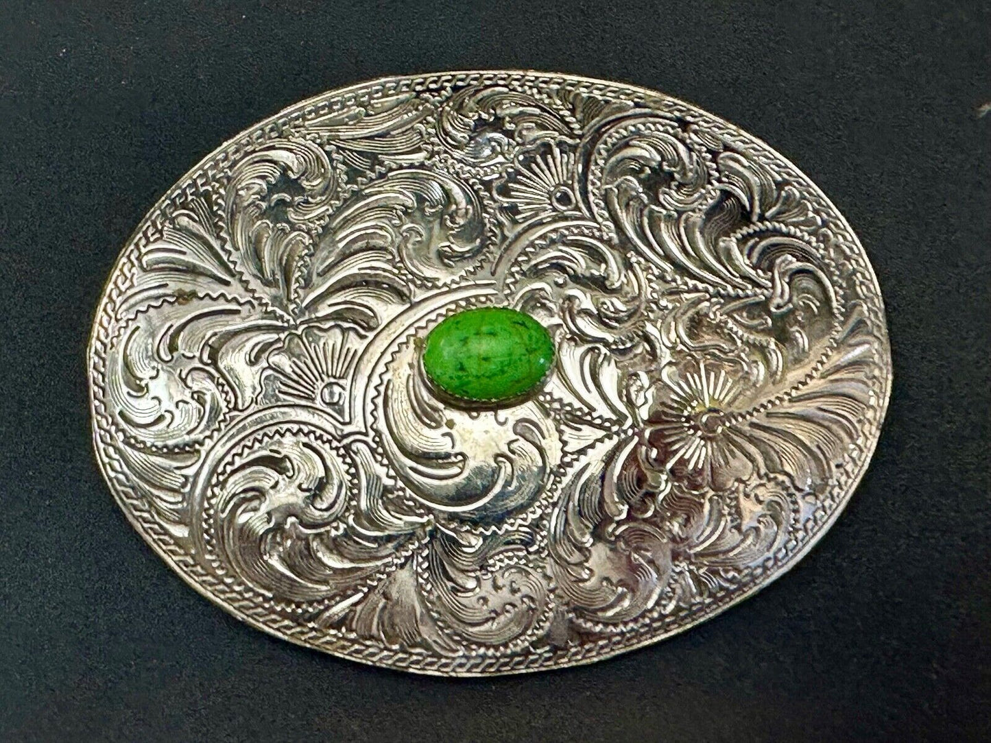 Artisan Made vtg Large western flower swirl design belt buckle green center Cab