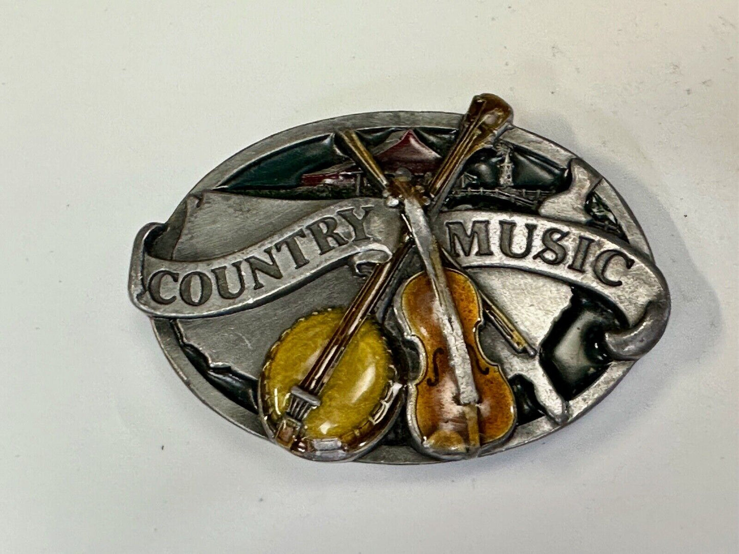 Vintage Enameled Country Music Guitar Fiddle - Bergamot Brass works Belt Buckle