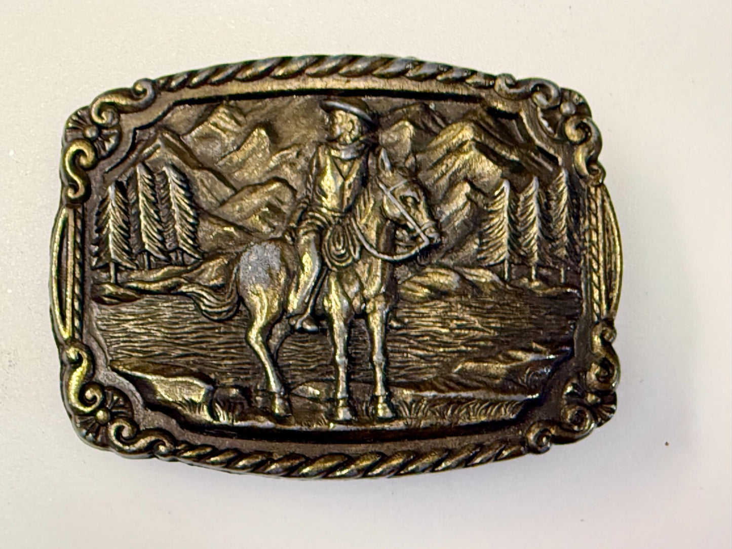 Tall in the Saddle Cowboy Horse River Mountain Scenery Western Belt Buckle