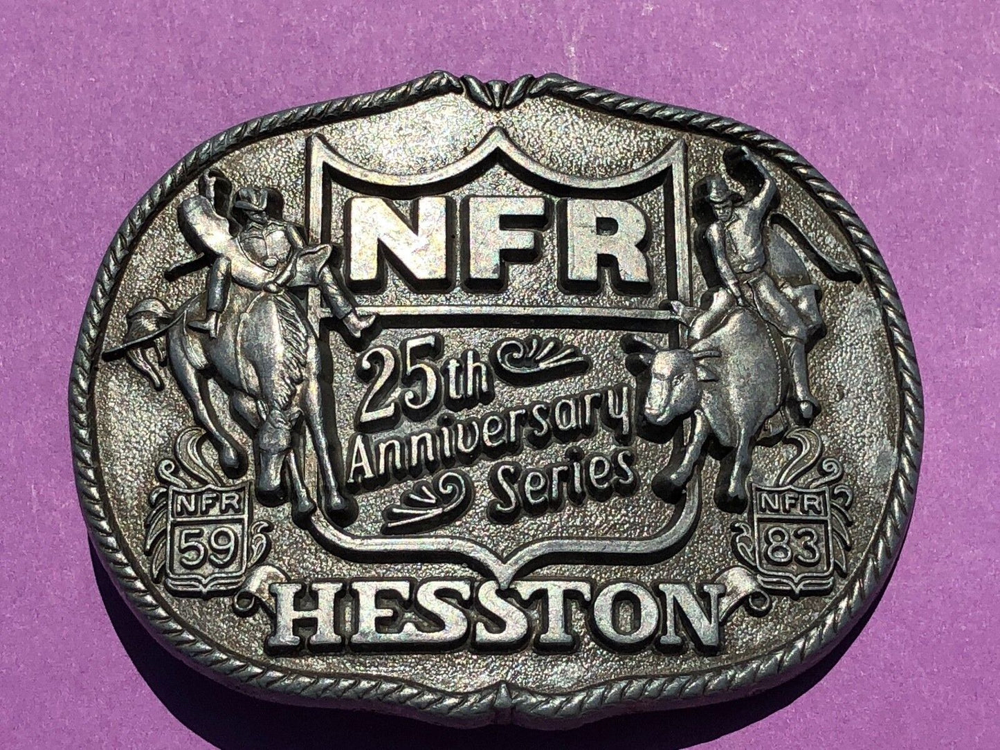 1983 25th Anniversary Series Hesston National Finals Rodeo Belt Buckle 3.5x3"