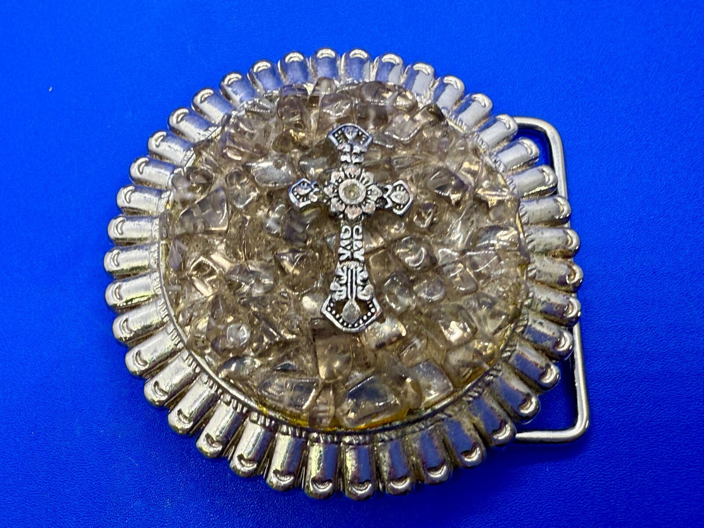 Artisan Religious Iron Cross Clear Stone Covered Unique Round Belt Buckle