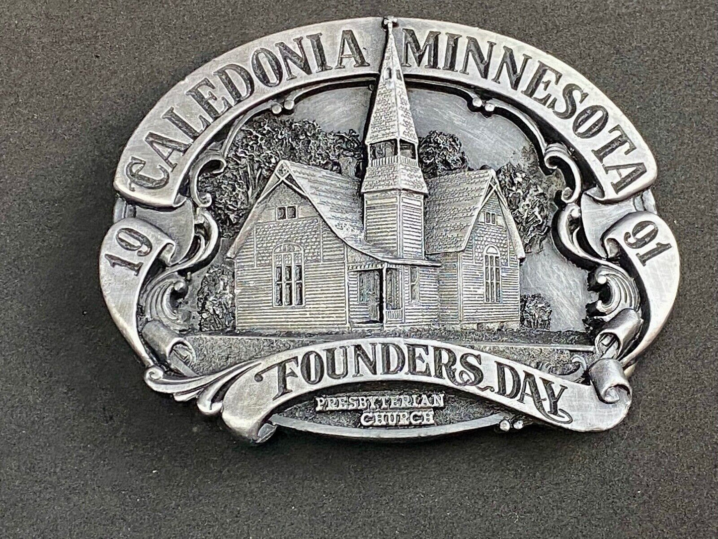Vintage 1991 - Founder’s Days Caledonia MN belt buckle - presbyterian church