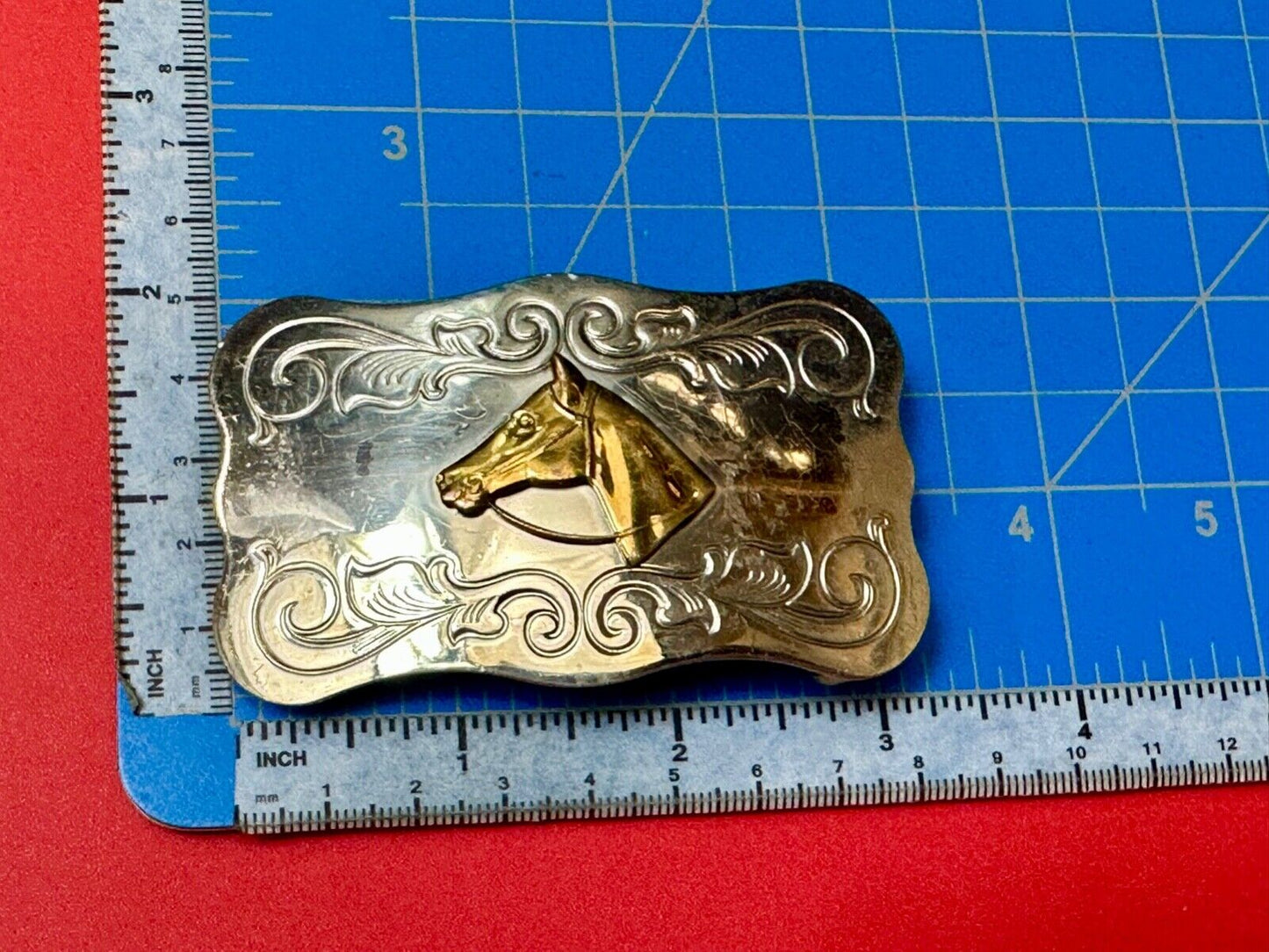 Vintage Chambers nickel silver Horse head centered on western belt buckle