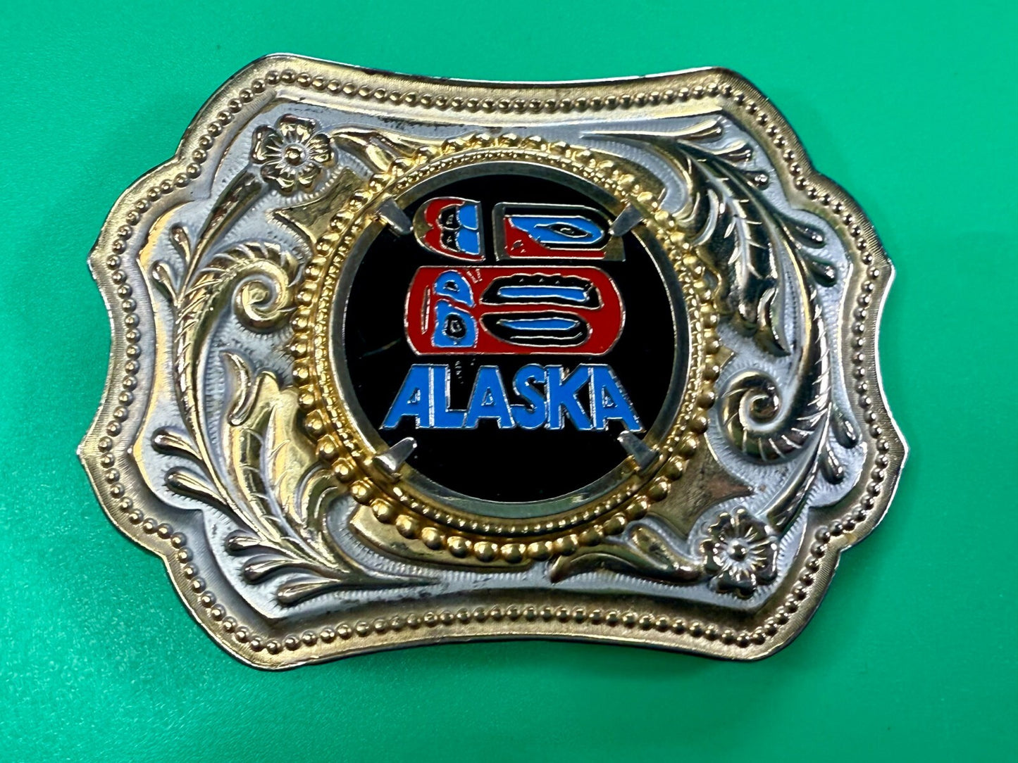 ALASKA Alaskan State Centerpiece on Gold Color Western Style Belt Buckle