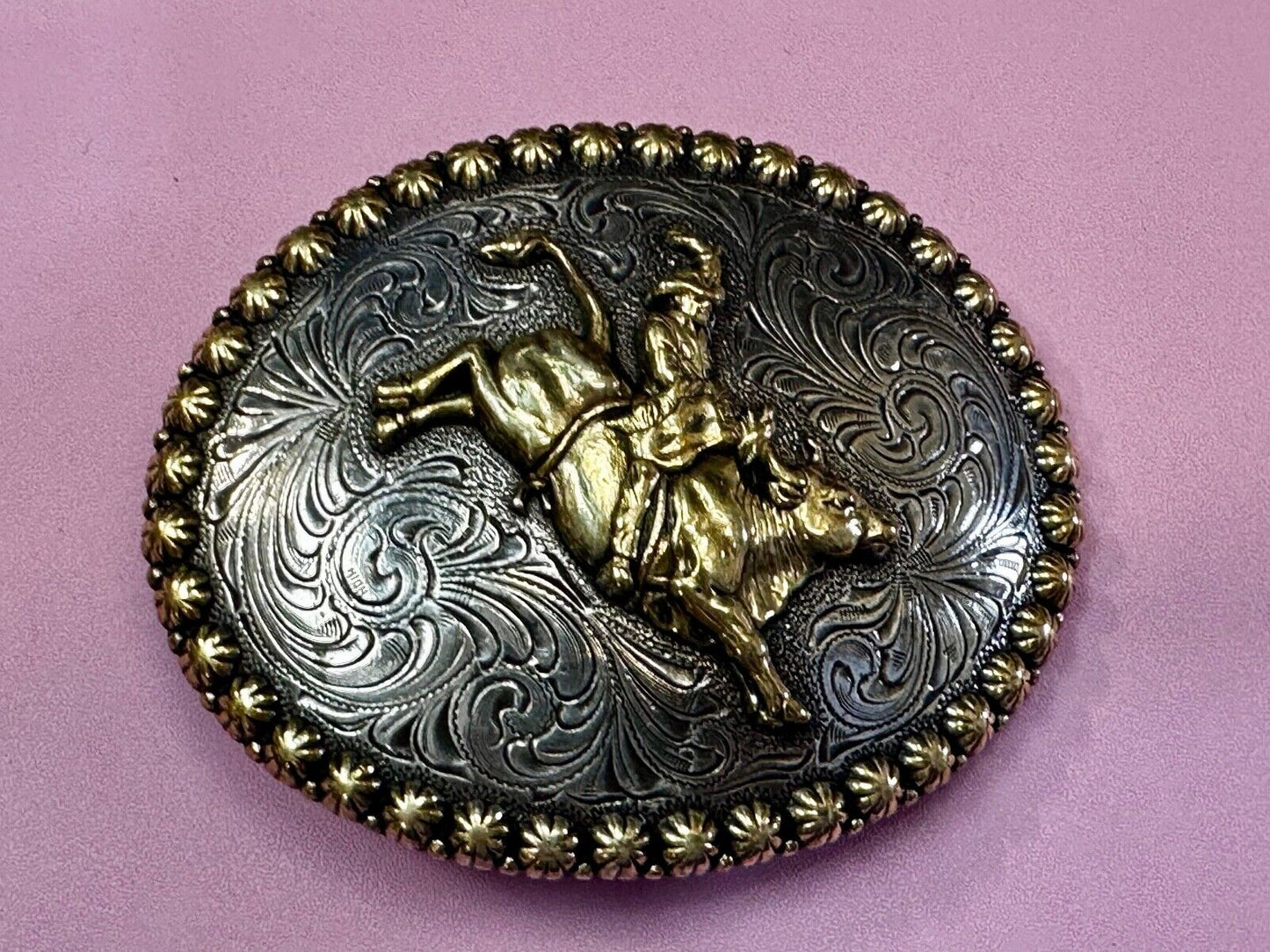 Vintage Cowboy Saddle Bronc western 4" oval belt buckle with star boarder