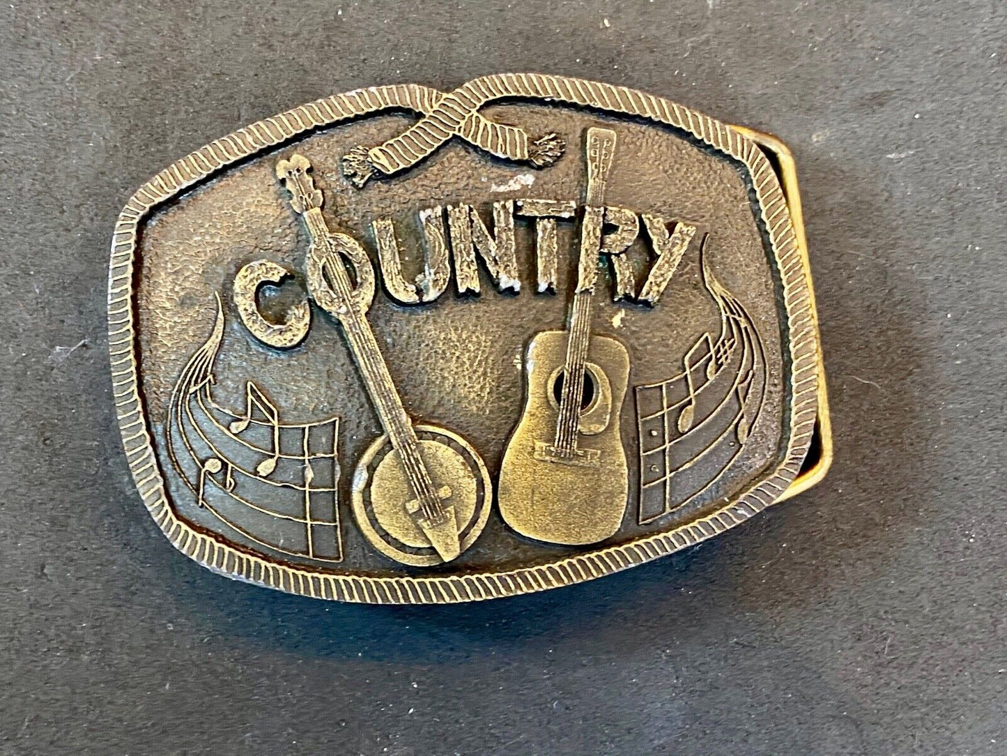 Vintage 1976 Brass Tone Country Music Belt Buckle Banjo And Acoustic Guitar