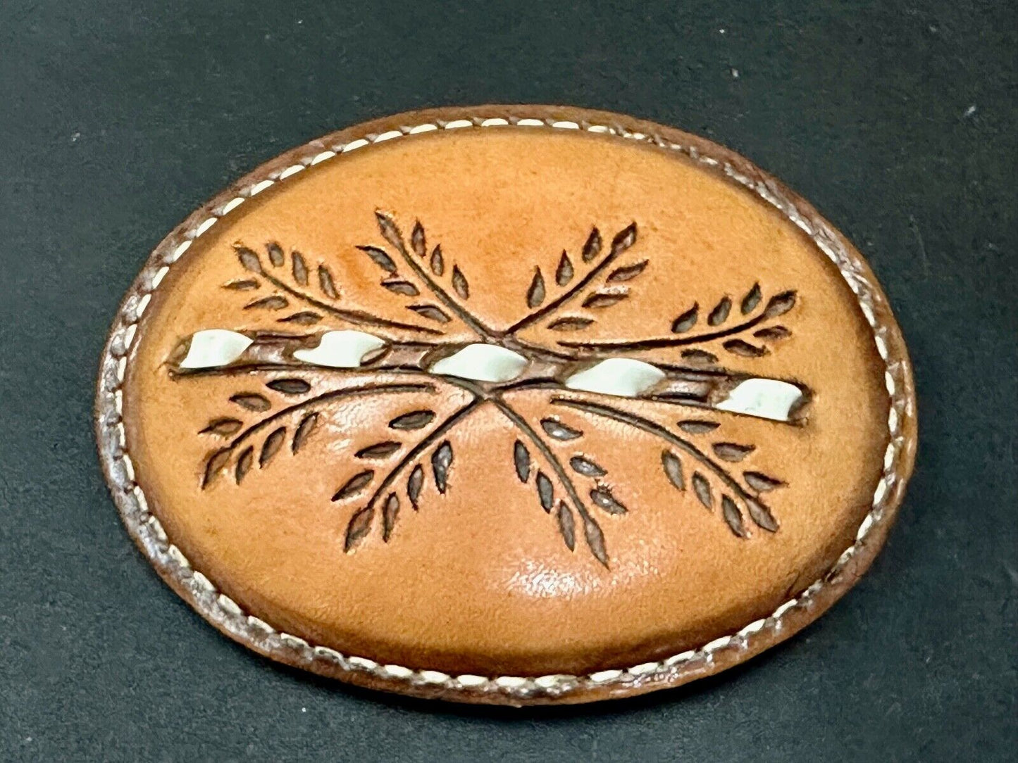 Beautiful Leather Factors Western oval mixed color / tooled Belt Buckle