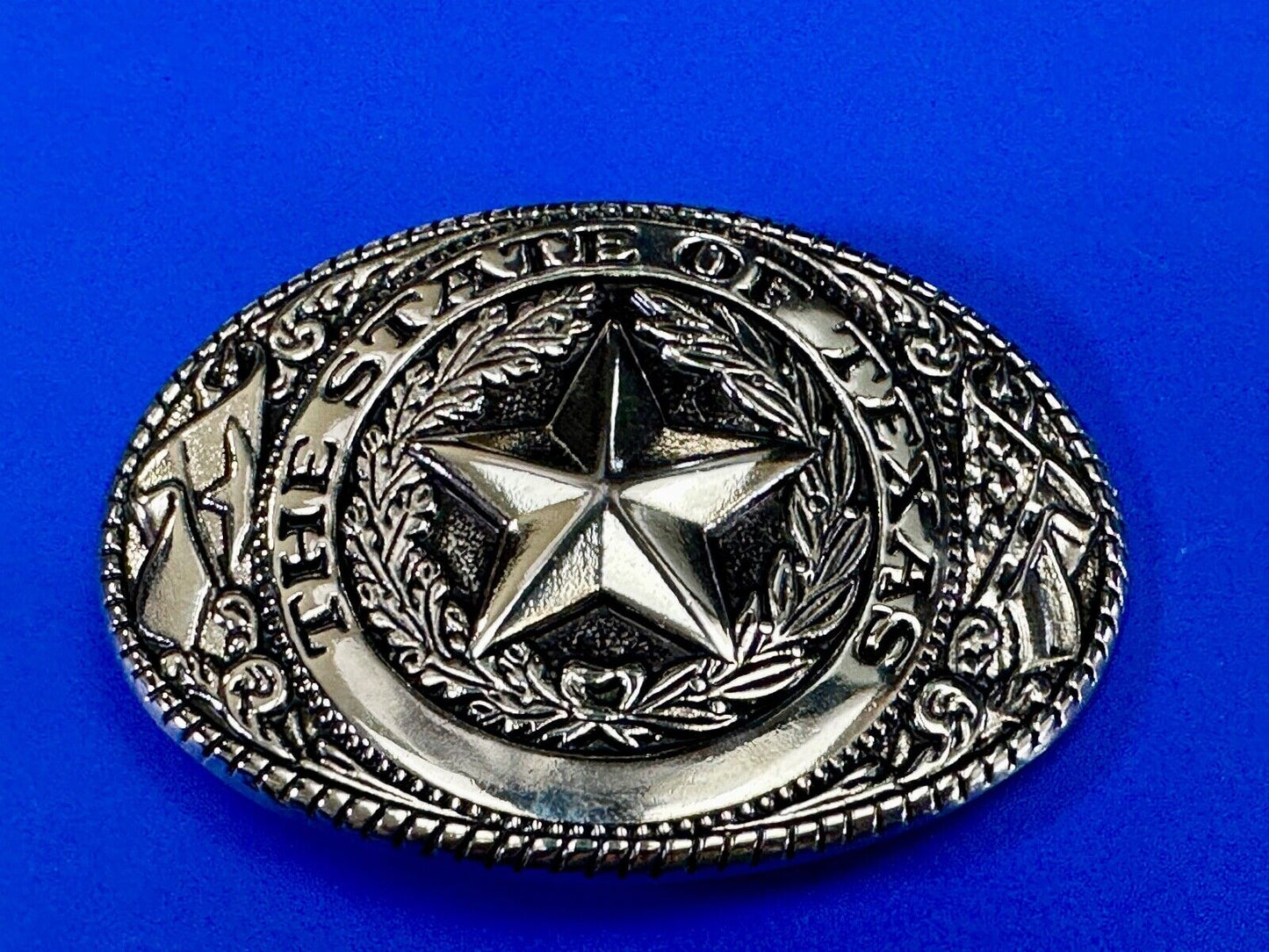The Great State of Texas - Lone Star Flags seal silver tone NOS belt buckle