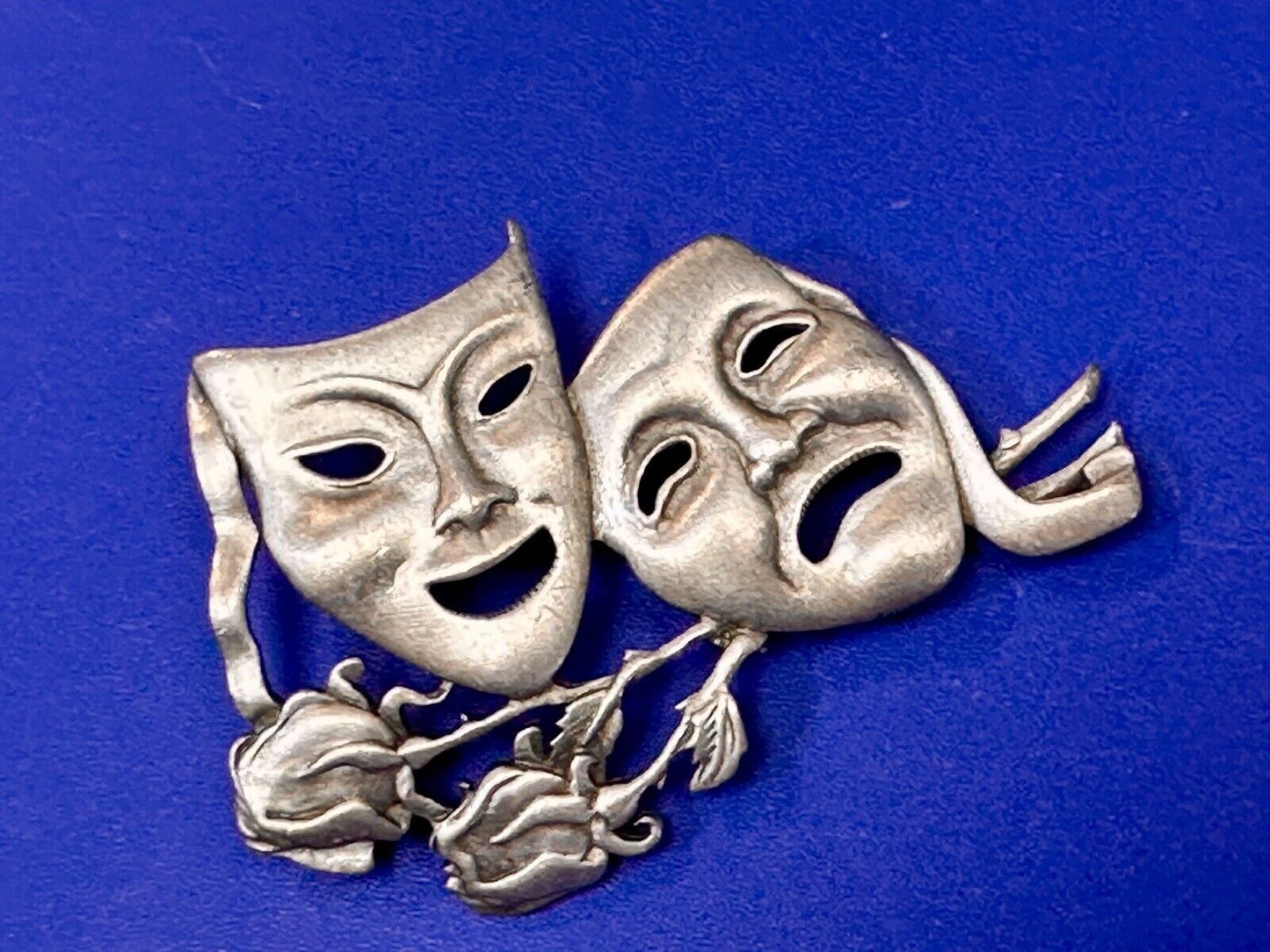 Theater Faces and Roses - Large JJ Signed silver tone vintage brooch pin