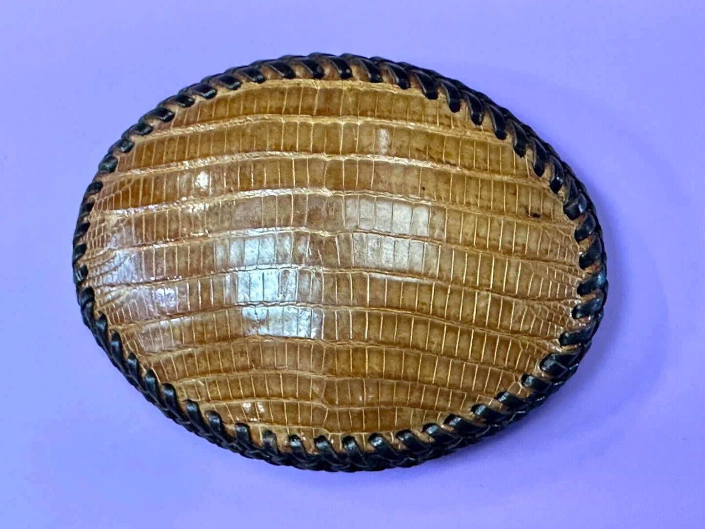 Beautiful lizard Skin brown leather vintage belt buckle with black stitching