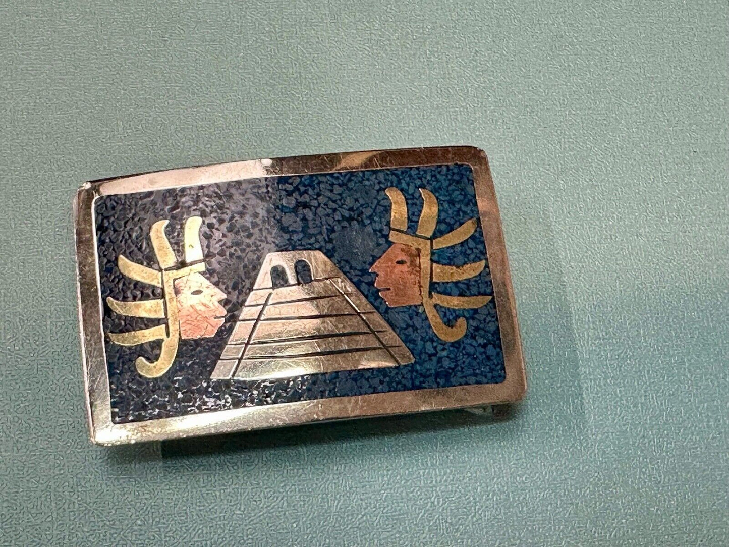Aztec Mayan Temple Pyramid Figures Vintage Inlay belt buckle made in Mexico