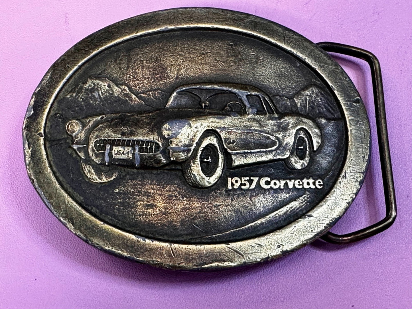 1957 Corvette Chevy Car Collector Brass Tone Indiana Metal Craft Belt Buckle