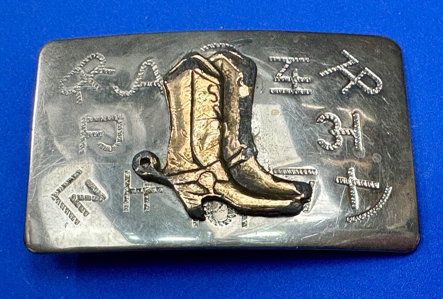 Vintage Cowboy Boots - Western two tone Chambers belt buckle with cattle brands
