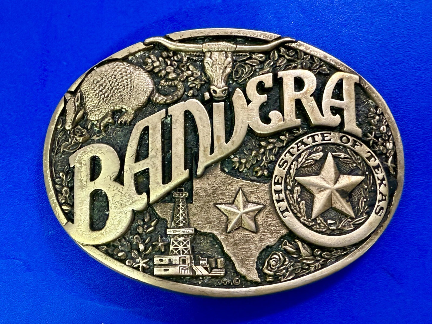 Bandera Texas State Seal , Oil, Star, Longhorn Vtg ADM Solid Brass Belt Buckle