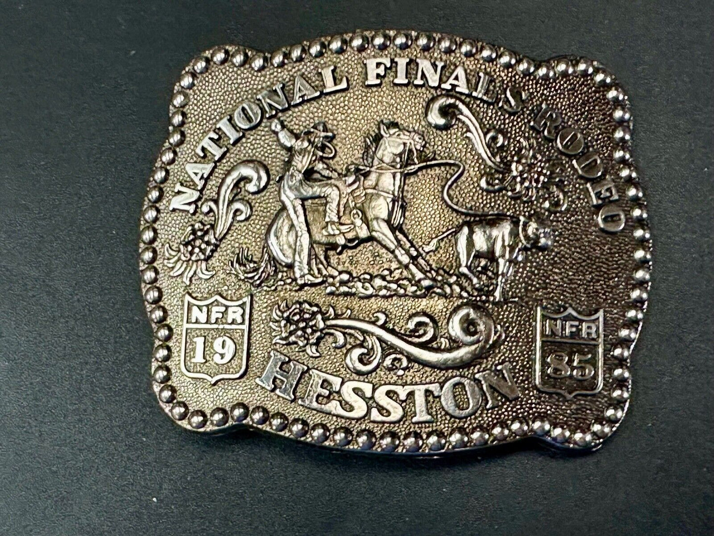 1985 NFR Rodeo Vintage Hesston Belt Buckle Steer Wrestling Cowboy