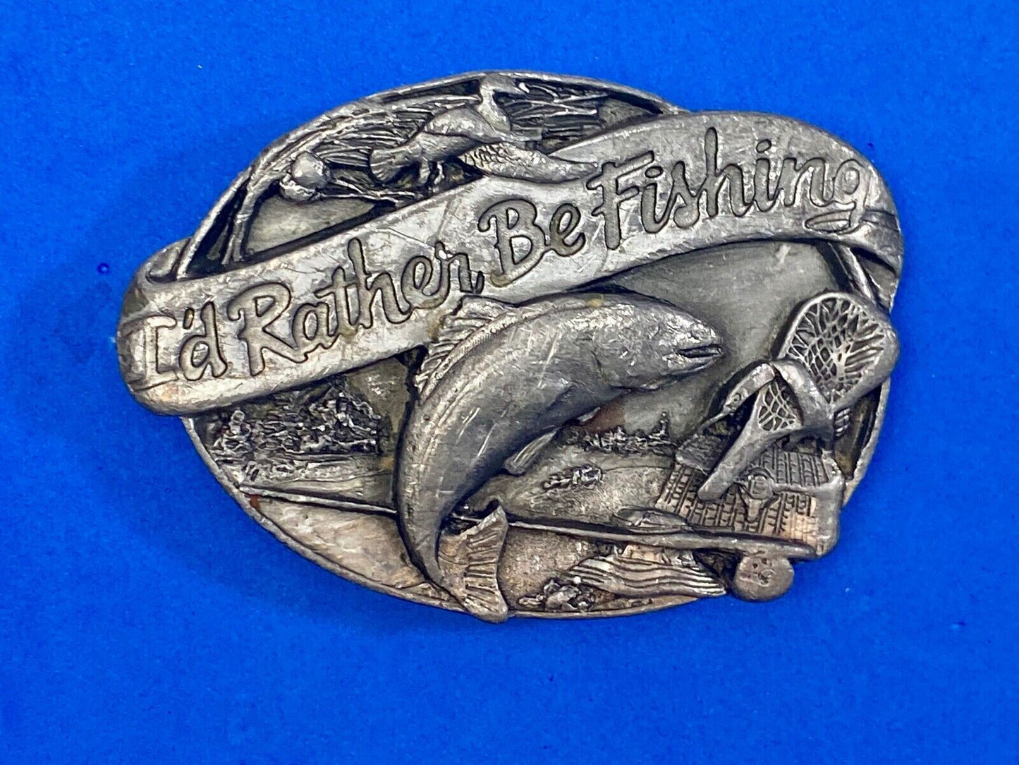 Vintage 1985 "I'd Rather Be Fishing" M-30 Pewter Belt Buckle - Perfect Gift!
