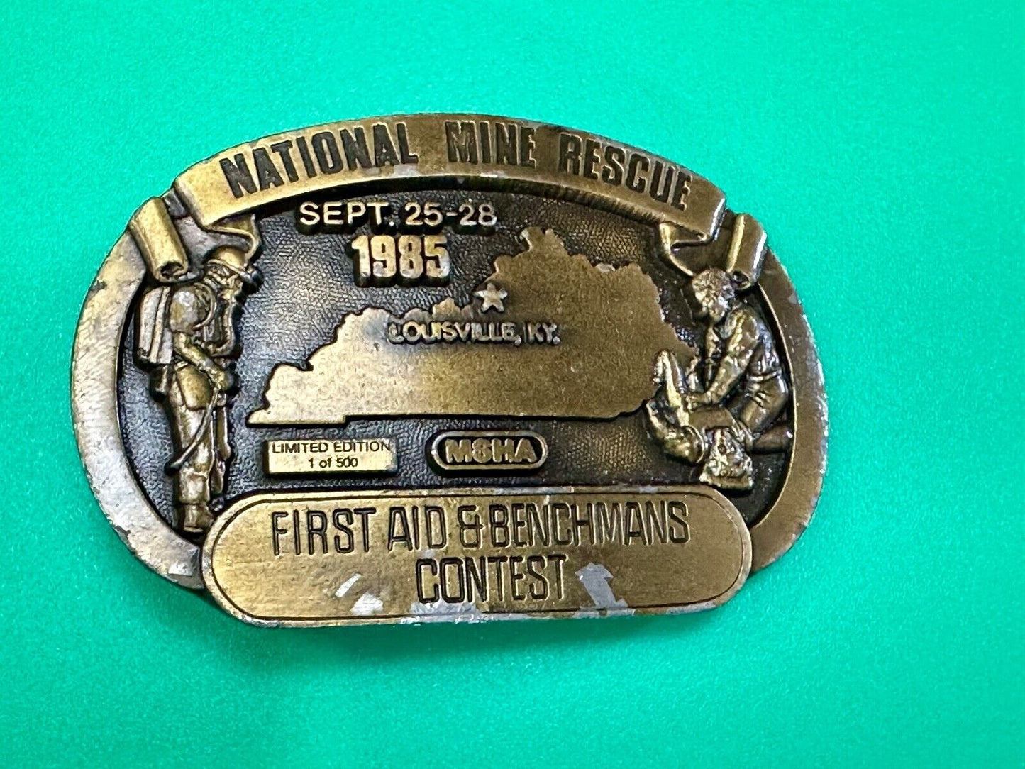 1985 National Mine Rescue Louisville KY MSHA First Aid contest belt buckle