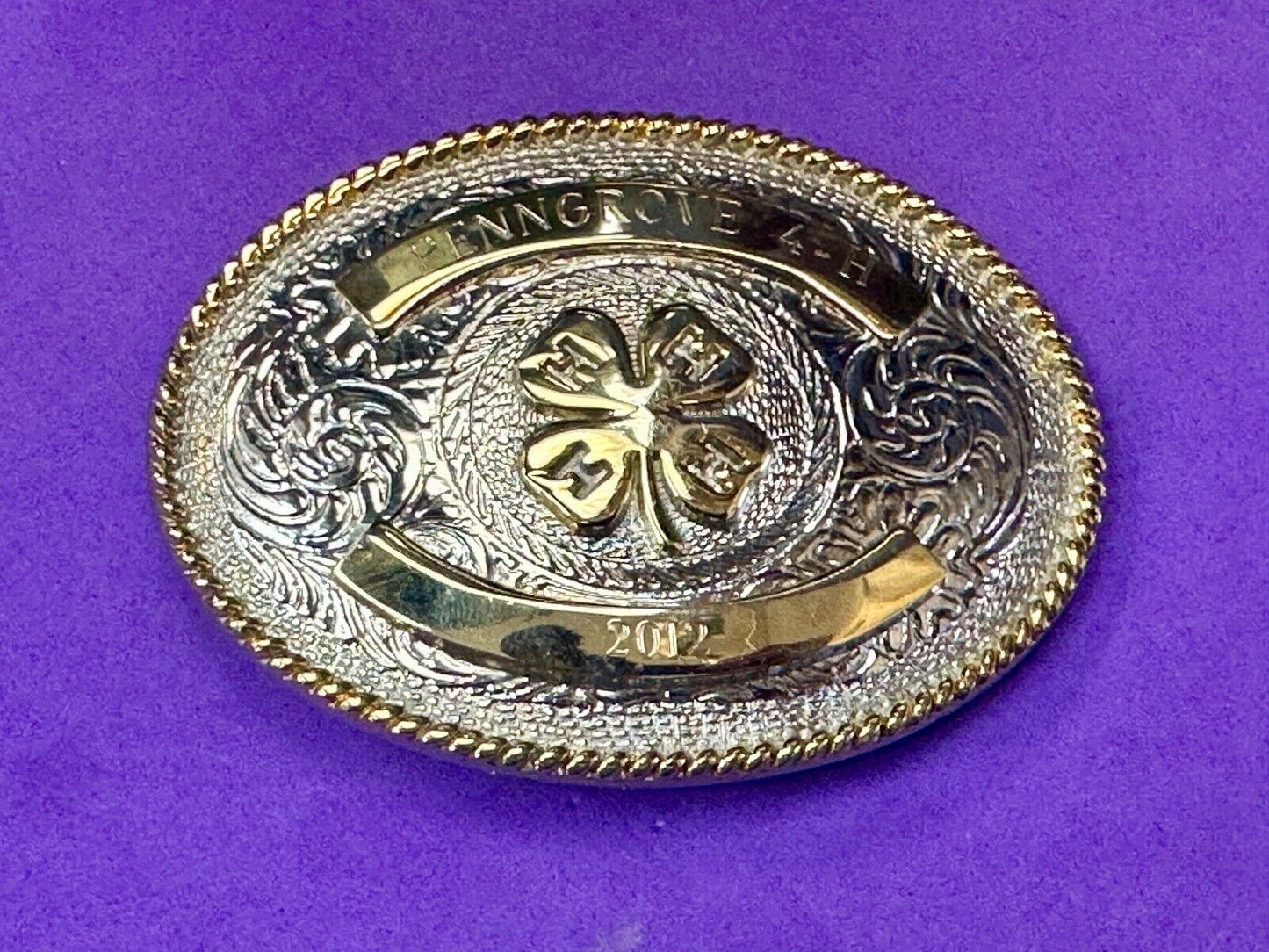 4h emblem logo Engraved trophy style 2012 western two tone belt buckle