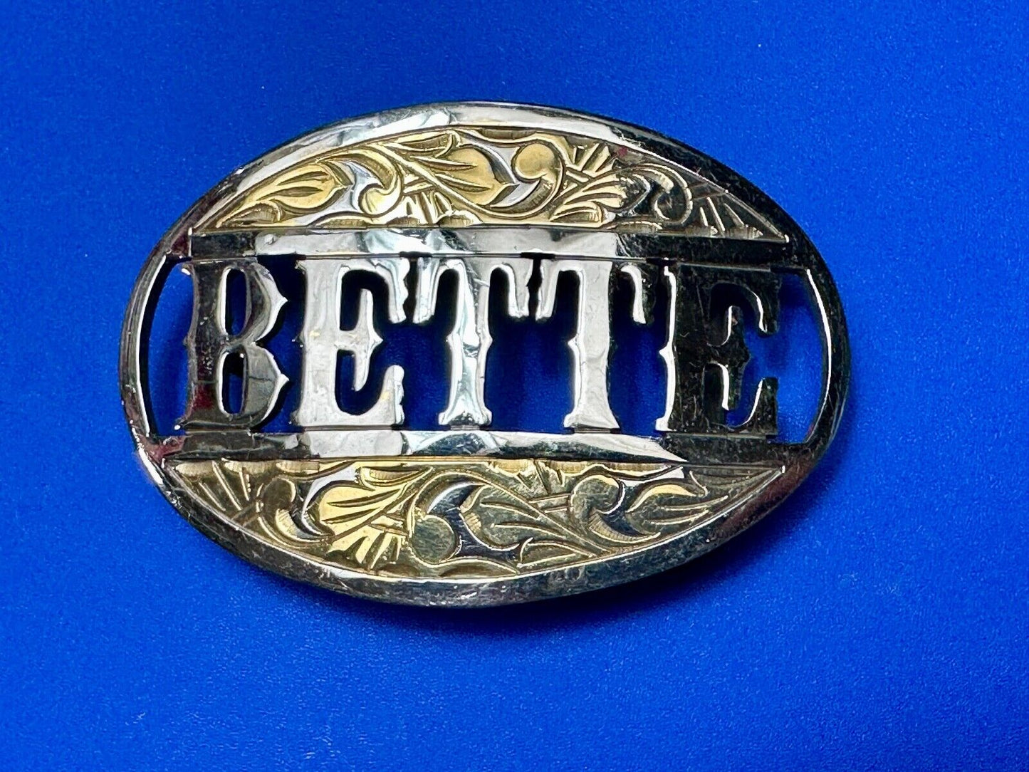BETTE - custom name on western two tone cutout see through vintage belt buckle