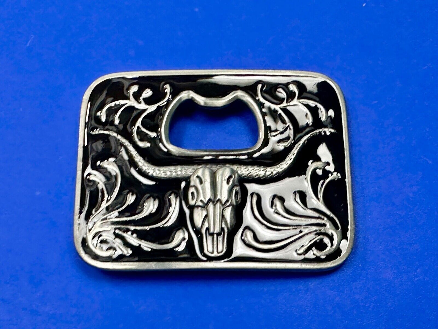 Texas longhorn - black and silver color belt buckle bottle opener