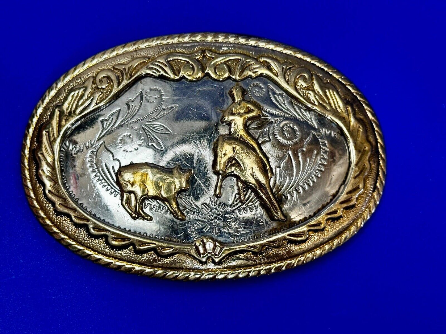 Beautiful Cowboy Ropeing Scene Vintage German Silver Belt Buckle - Awesome Detai