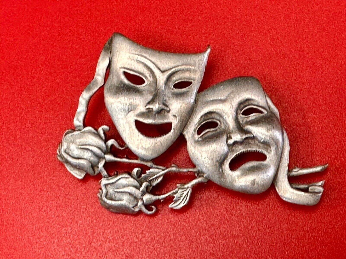 Theater Faces and Roses - Large JJ Signed silver tone vintage brooch pin