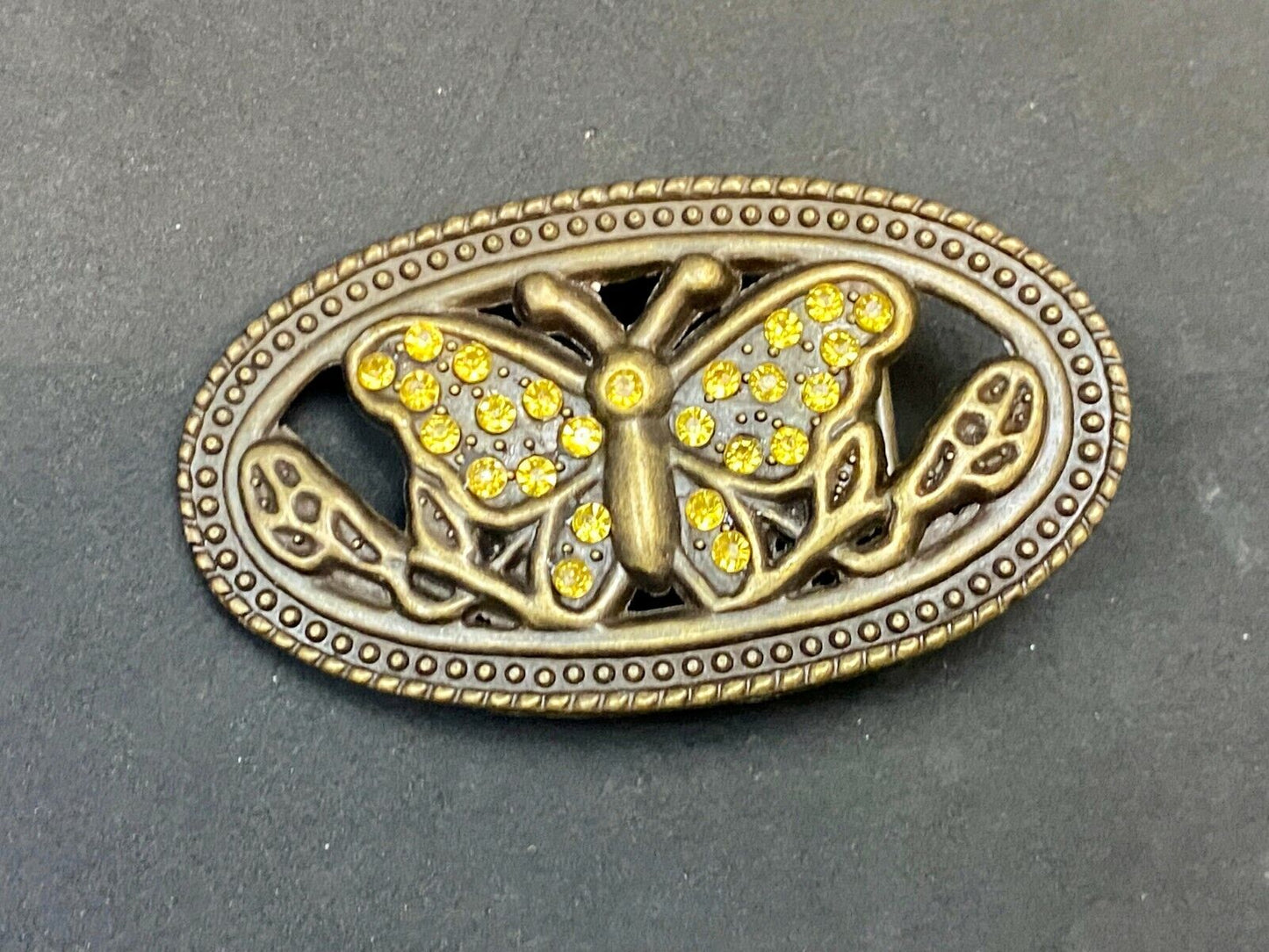 Beautiful Cut Out Butterfly - Yelloew Rhinestone Accented Brown Belt Buckle