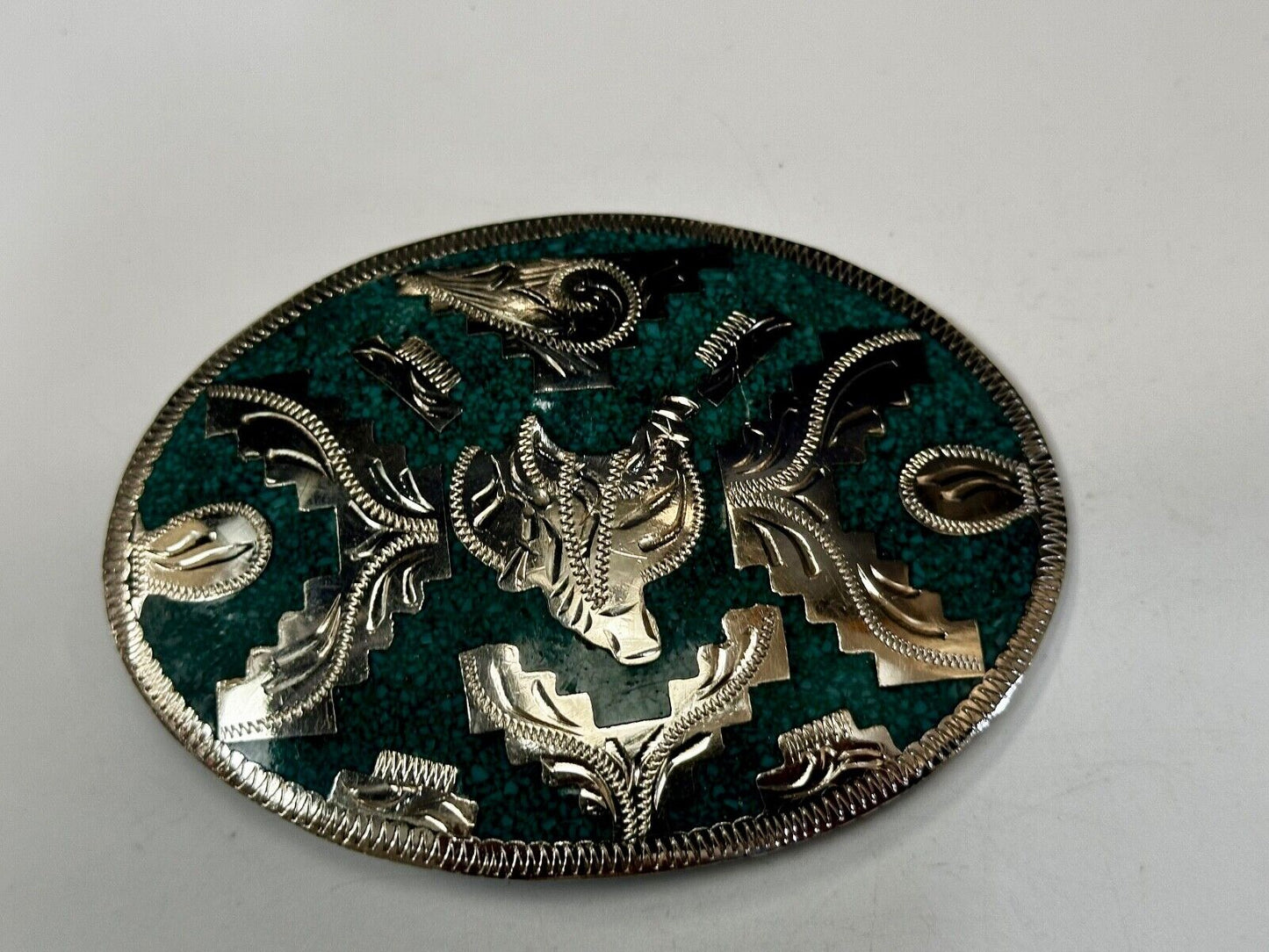 Beautiful Horse Saddle Alpaca Inlaid Southwestern Belt Buckle see magnified view