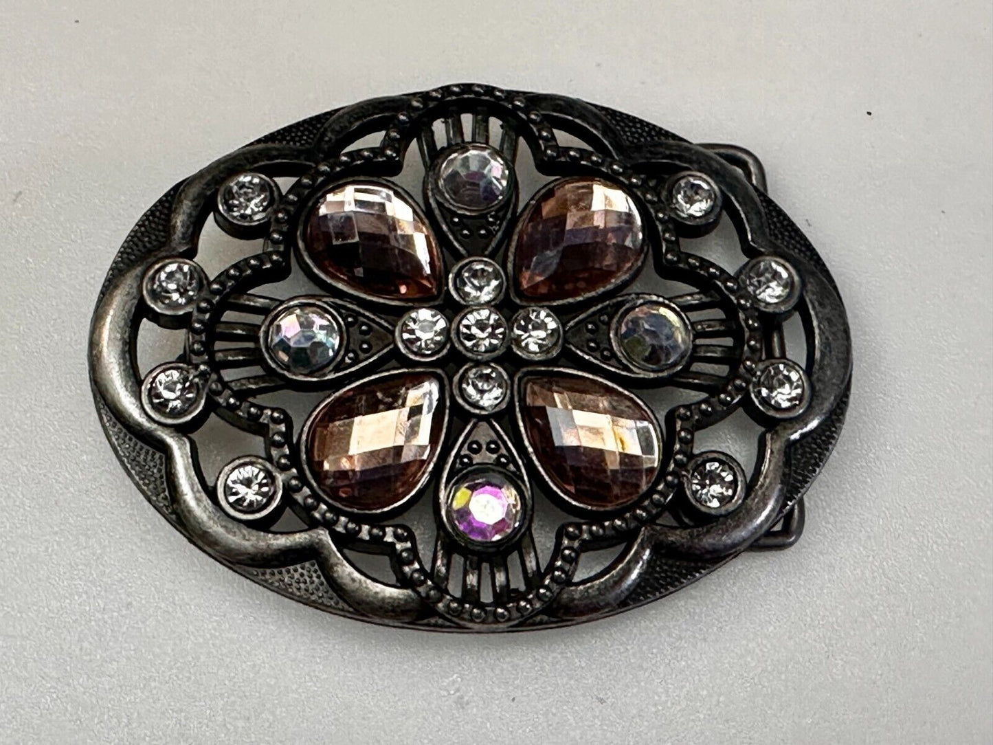 Beautiful Floral Design Silver Tone Metal W/ Rhinestones See Through Belt Buckle