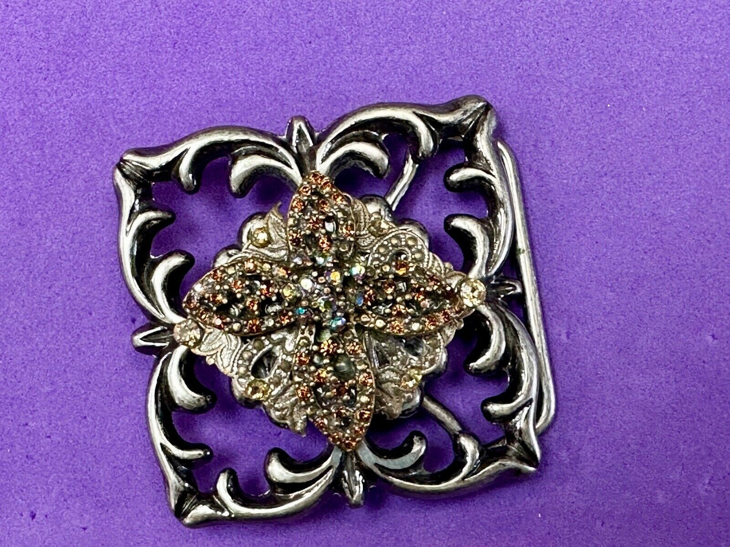Artisan unique rhinestone mixed media see through silver tone belt buckle