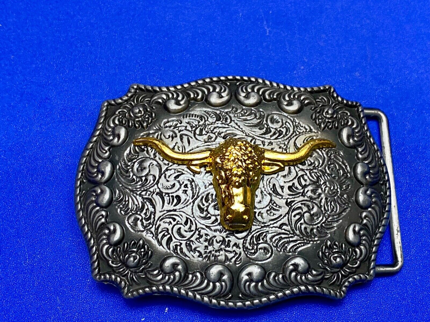 Texas longhorn western raised steer cow two tone 3.5" wide belt buckle