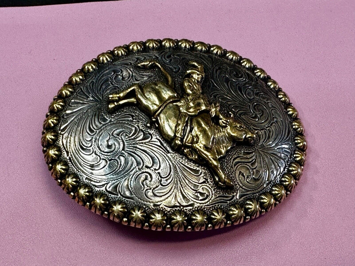 Vintage Cowboy Saddle Bronc western 4" oval belt buckle with star boarder
