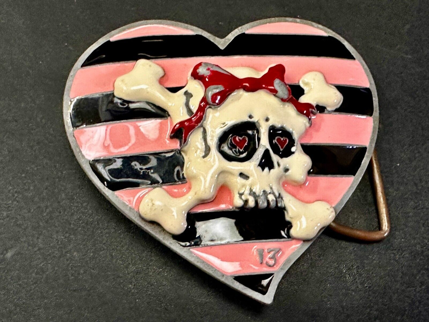 3D Heart Shaped Skull with Bow Cross Bone Ladies Belt Buckle Lucky 13 Apparel