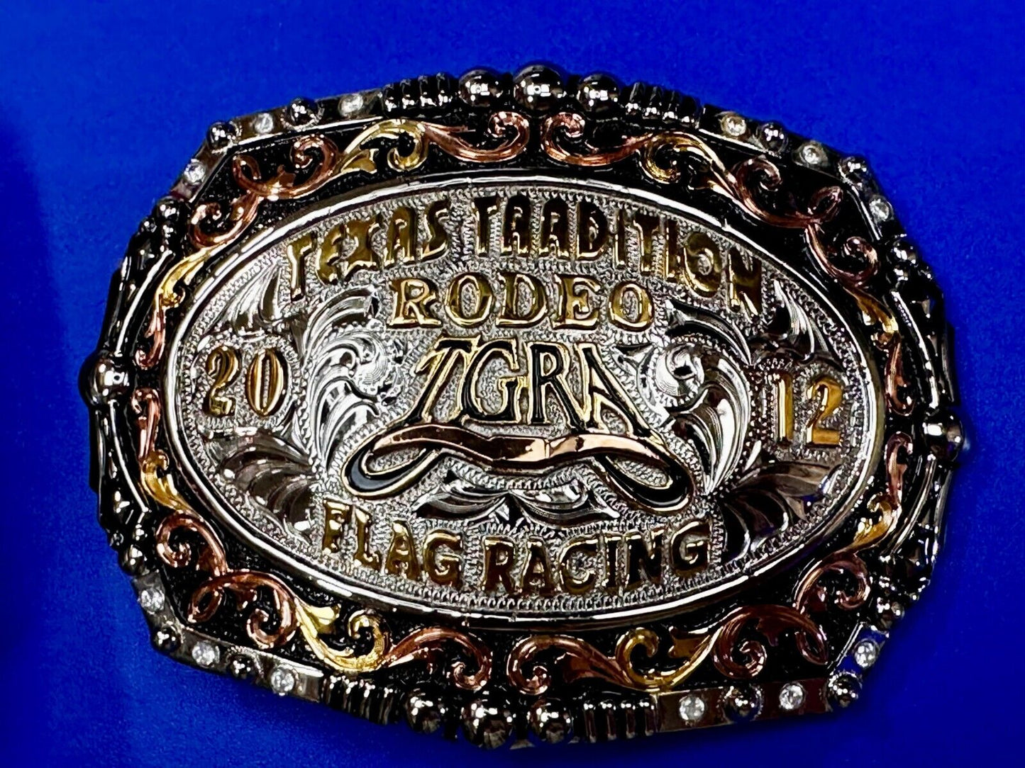 TGRA Texas Tradition Rodeo Flag Racing 2012 Trophy Award Belt Buckle Lone Star