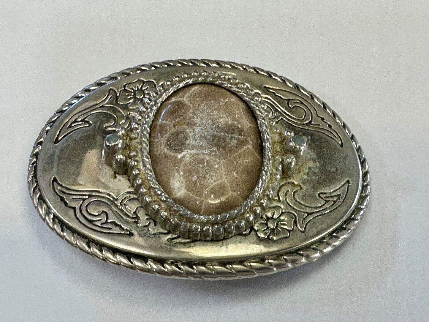 Vintage cabochon cab stone centerpiece on western silver tone belt buckle