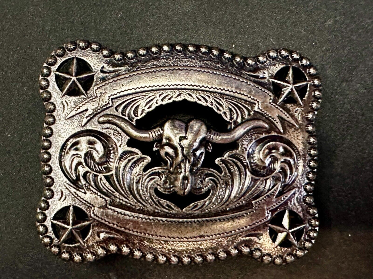 Texas Longhorn Steer / Corner Stars - Engravable Blank Award Scroll Belt Buckle
