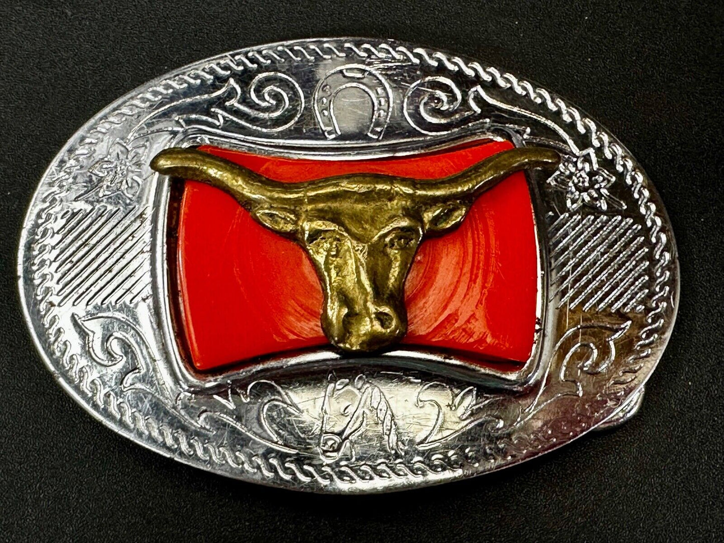 Texas Longhorn Cattle Bull Orange Enamel Backed Western Style Belt Buckle