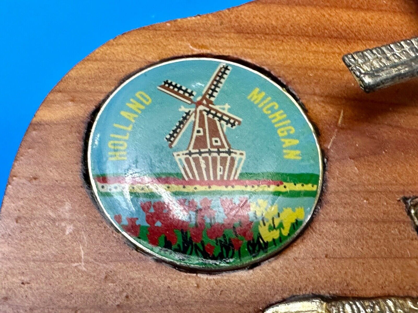 Vintage Artisan Inlaid Holland Michigan Pin and windmill Into wooden Belt Buckle
